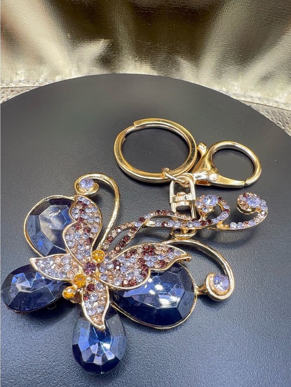 Gold-Tone Blue Crystal Butterfly Keychain Charm